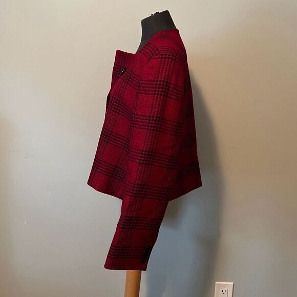 Talbots Women's Red Wool Plaid Square Neck Open Front Cropped Jacket Size 18 - Picture 9 of 12